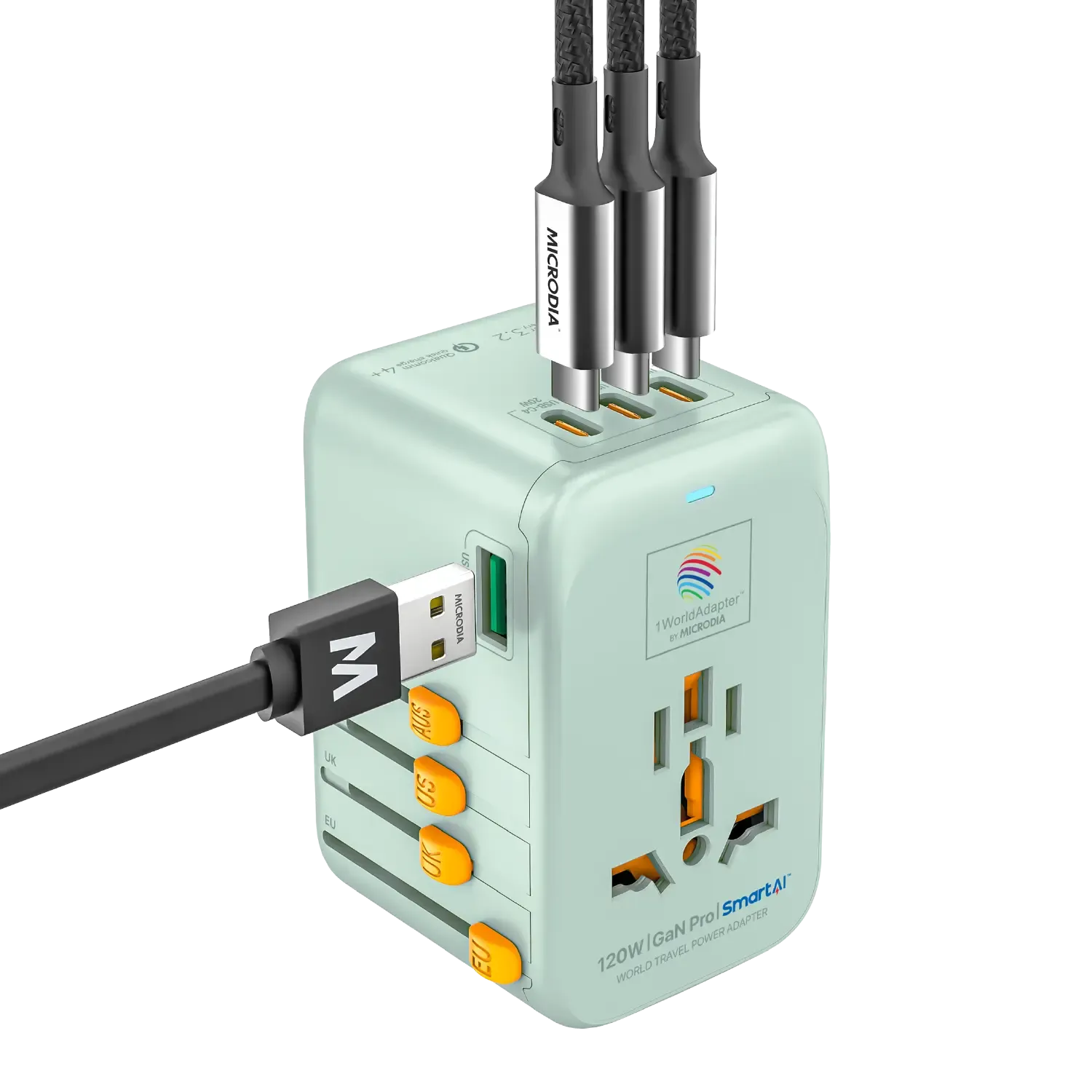 1WorldAdapter™ PD120W GaN Pro™ with 4 x USB-C PD3.2 & USB-A QC4  PPS Fast Charging