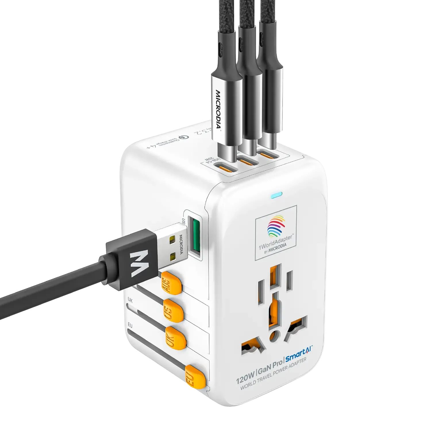 1WorldAdapter™ PD120W GaN Pro™ with 4 x USB-C PD3.2 & USB-A QC4  PPS Fast Charging