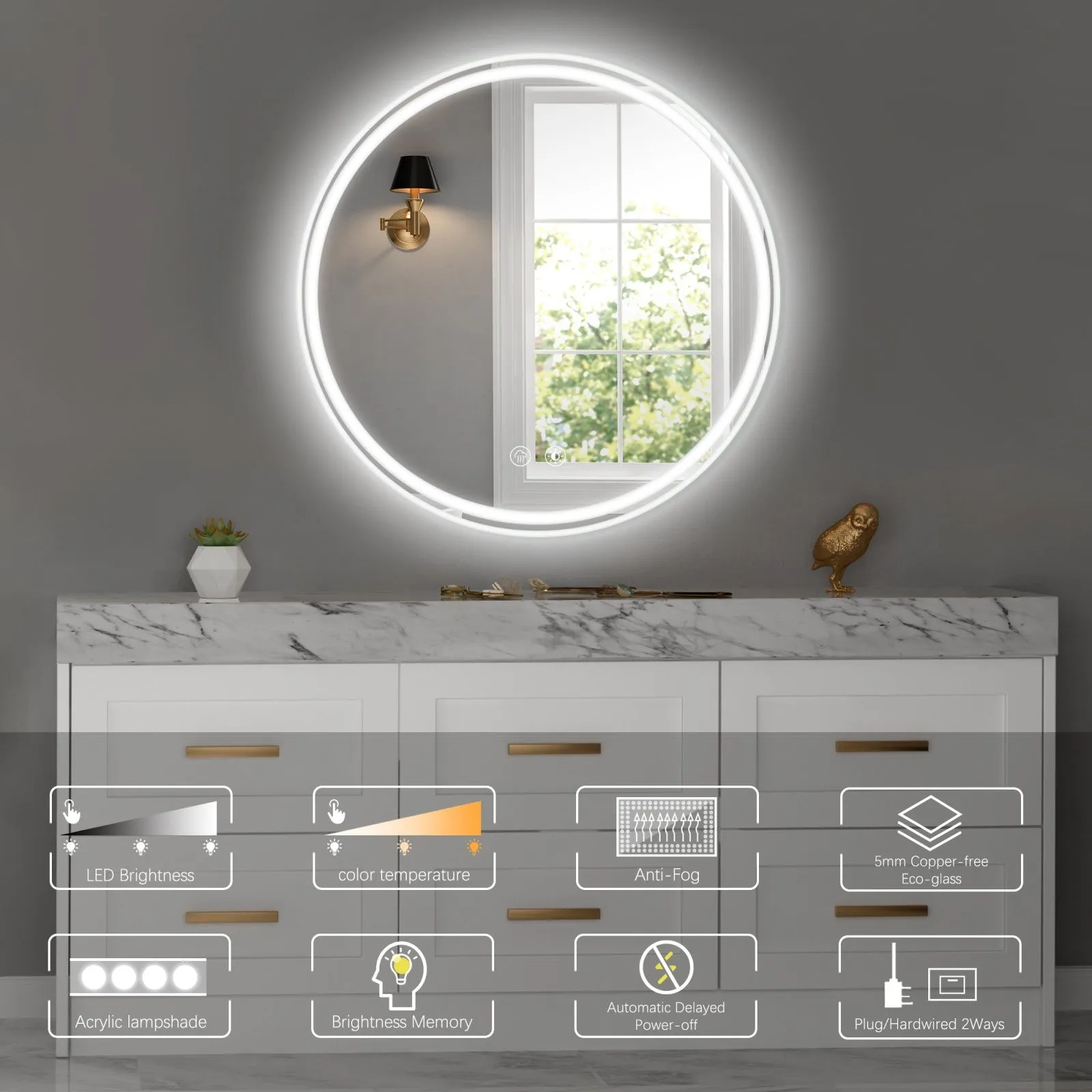 28" Round LED Bathroom Mirror with Convenient Wall-Mounted Design