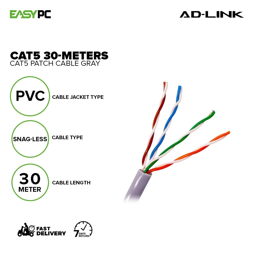 Ad-Link Ethernet Cable 30-Meters Cat5 Light Weight Convenient to Use Patch Cable Gray