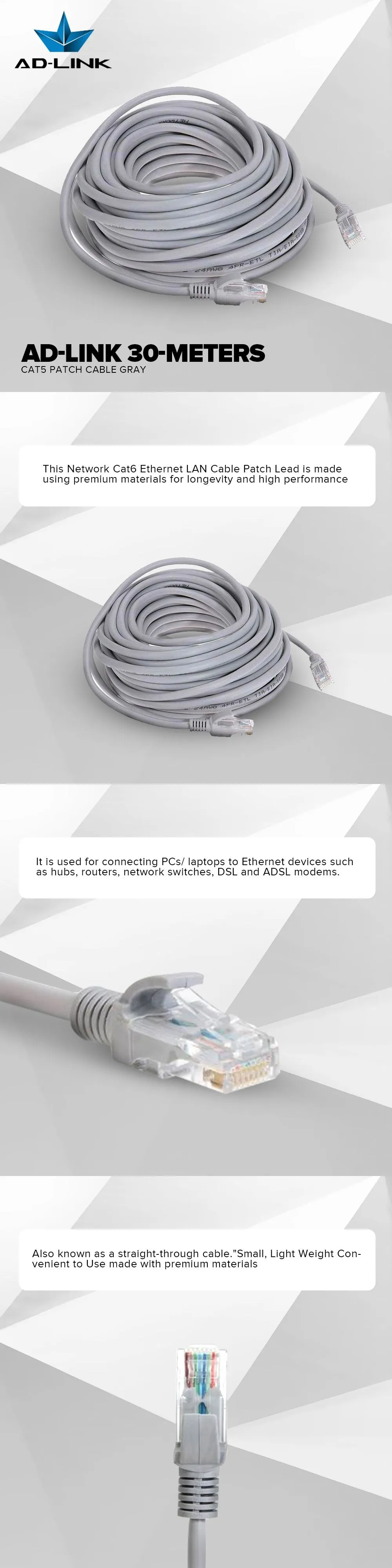 Ad-Link Ethernet Cable 30-Meters Cat5 Light Weight Convenient to Use Patch Cable Gray