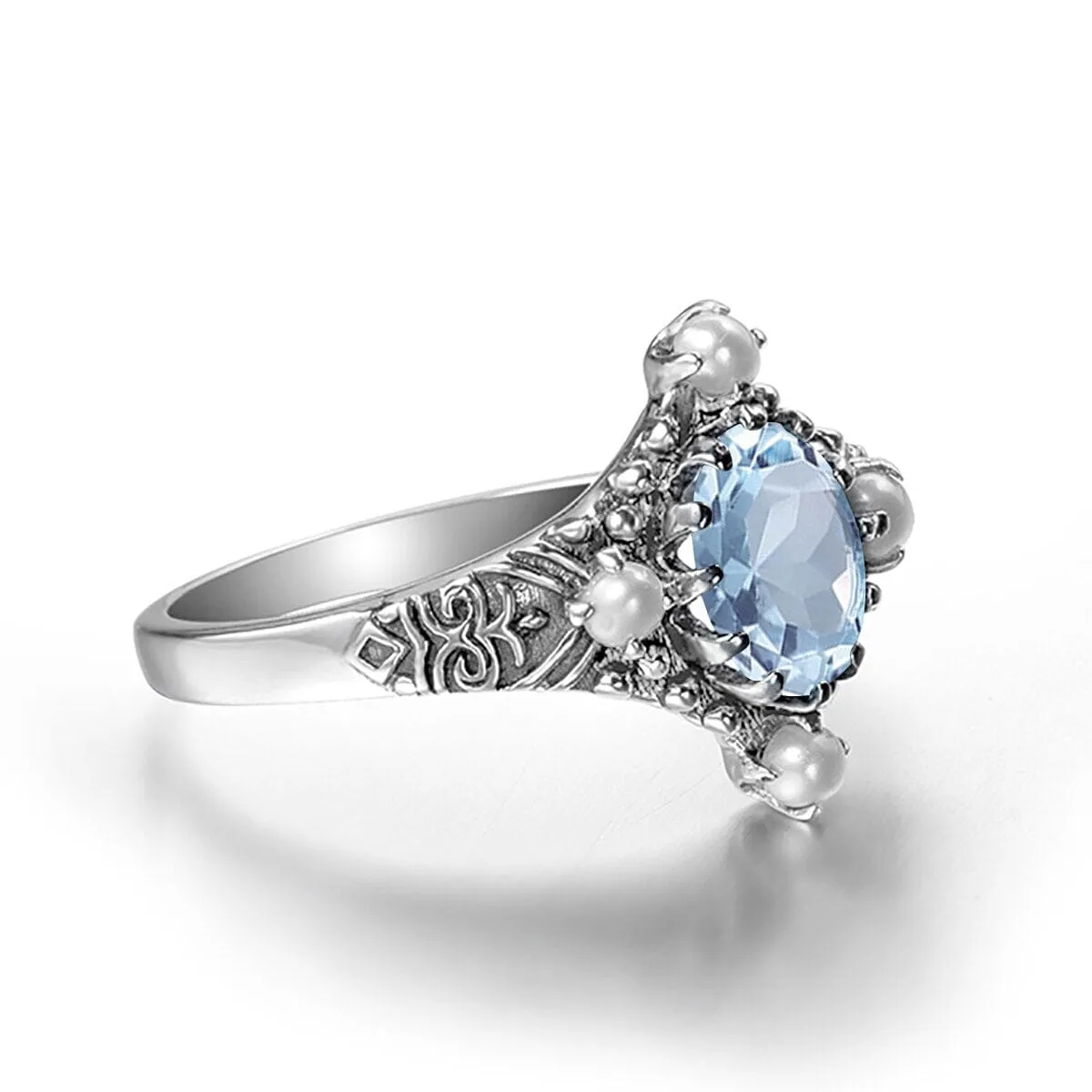 Fresh Water Pearl Oval Shape Aquamarine Gemstone Ring