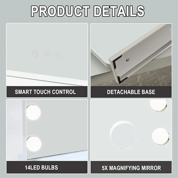 Hollywood LED Portrait Lighted Vanity| Makeup Mirror | Large Light Up Makeup Mirror with 14 Dimmable LED Bulbs 3 Lighting Modes | Touch Screen Control Tabletop and Wall Mounted Mirror for Dressing Table
