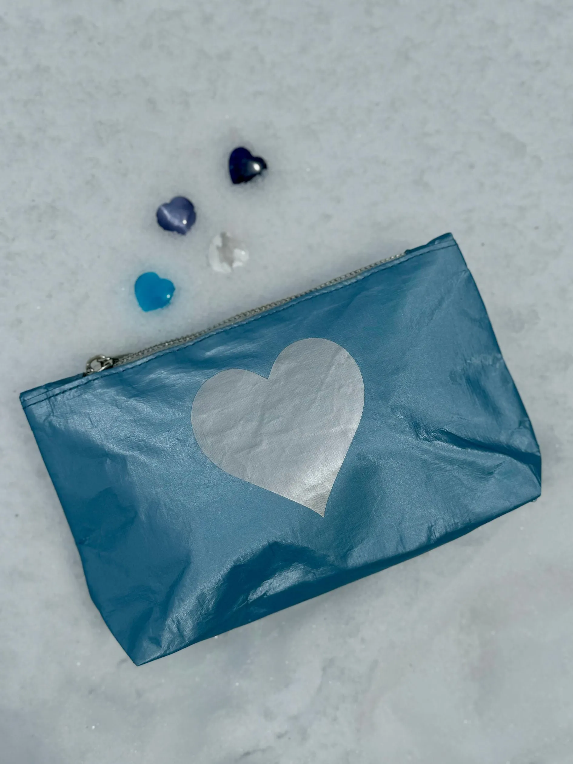 Mini Zipper Pouch - Shimmer Ice Blue with Silver Heart