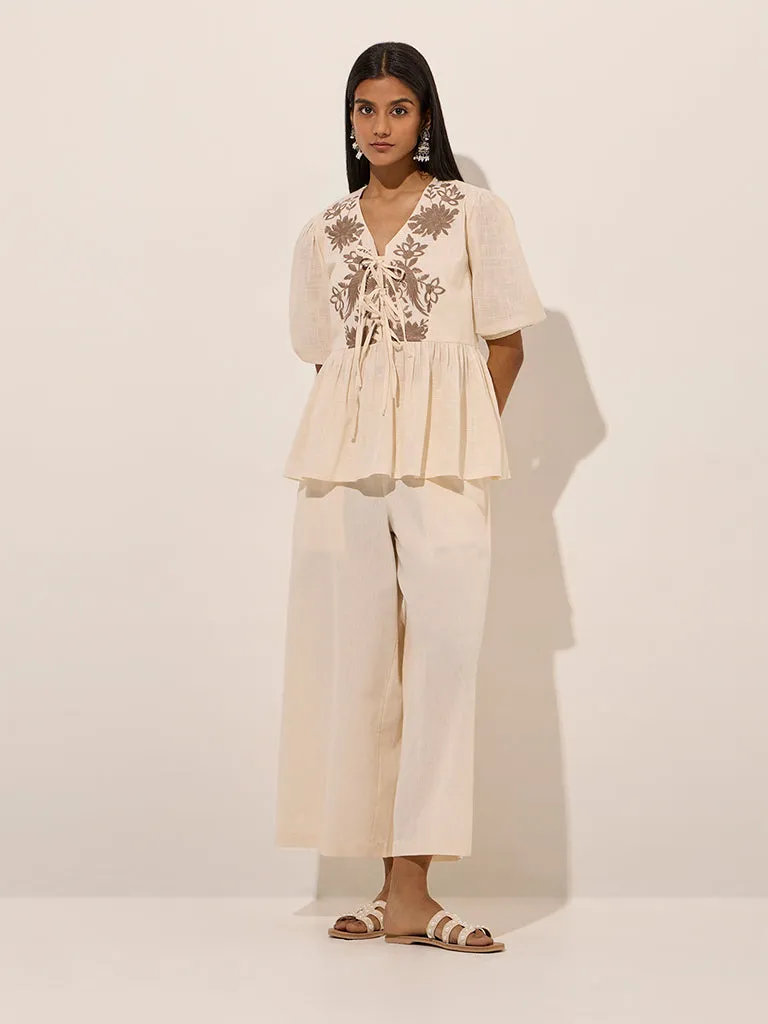 Utsa Ivory Solid Cotton Pants